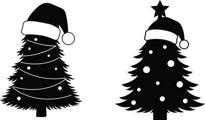 Silhouette christmas trees with santa hats for festive holiday season