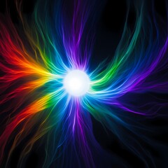 Obraz premium Energy burst of glowing bright light with abstract rainbow-colored plasma rays radiating out from a central white core in a dark space