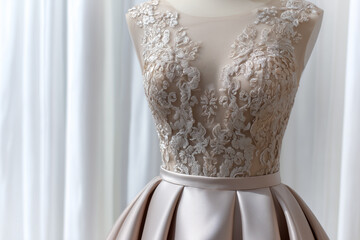 Elegant evening gown with intricate embroidery displayed on a dress form