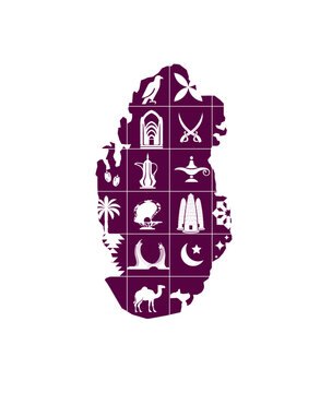 QATAR travel pattern with famous attractions, tourist landmarks, arabic animals and local food. Middle East seamless background with arab world popular symbols, souvenirs and QATAR monuments