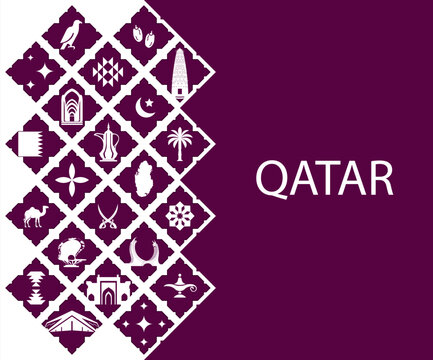 QATAR travel pattern with famous attractions, tourist landmarks, arabic animals and local food. Middle East seamless background with arab world popular symbols, souvenirs and QATAR monuments