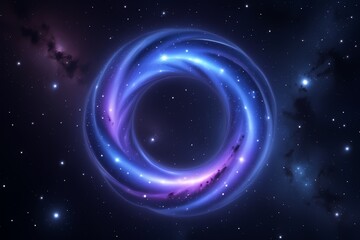 Abstract space illustration of a cosmic singularity or wormhole, glowing blue and purple energy ring in a nebula full of stars