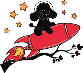 Cartoon black poodle wearing space helmet riding red rocket with stars, whimsical dog astronaut adventure, playful digital illustration, creative cosmic artwork