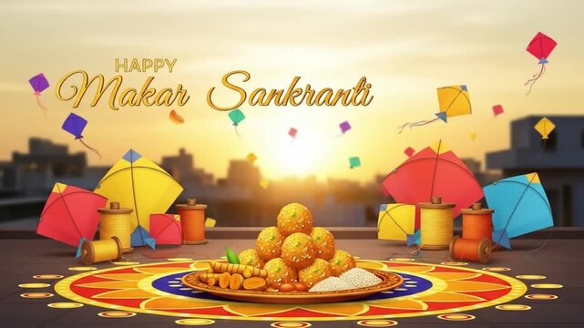 Makar sankranti festival celebration with kites and traditional food on a rooftop at sunset