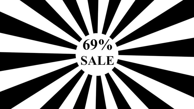 Comic retro background. Sunburst, radial, sunlight, 69% ,SALE ,circus, stripe background rotation Fantastic tunnel, .Abstract tunnel .Wallpaper with black and white shapes..