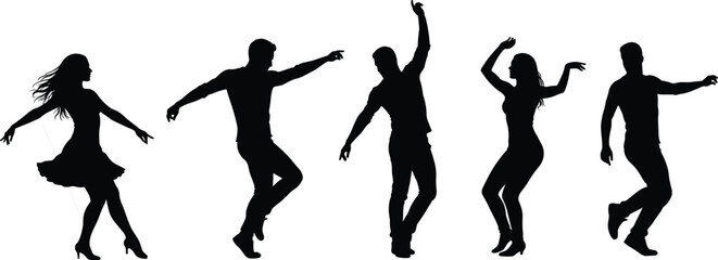 Silhouette dancers in motion, male and female dancing poses, vector illustration, energetic performance, modern dance steps, couple choreography, black figures on white background