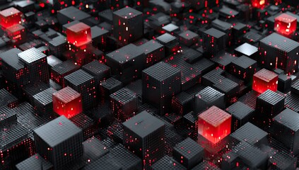 Abstract digital city of glowing cubes
