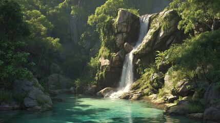 Scenic Waterfall in Lush Tropical Forest