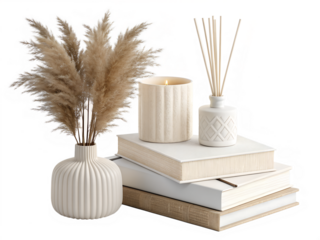 Boho Style Home Decor Arrangement with Pampas Grass, Diffuser, and Books