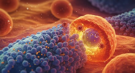 Microscopic view of biological cells and structures, showcasing intricate cellular details