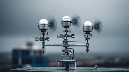 anemometer. A three-cup anemometer spinning at a weather station under gray clouds. STEM education sheets, lab safety posters, designed for STEM education and laboratory safety posters.