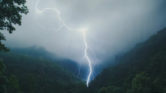 Dramatic lightning strike illuminates stormy sky over dark forest mountains during heavy rainfall