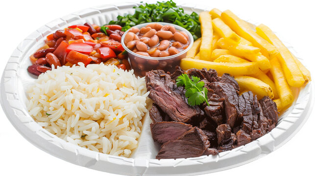 Braised Beef with Rice, Beans and French Fries on White Background