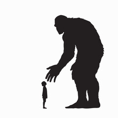 Child interacting with a giant silhouette vector on white background