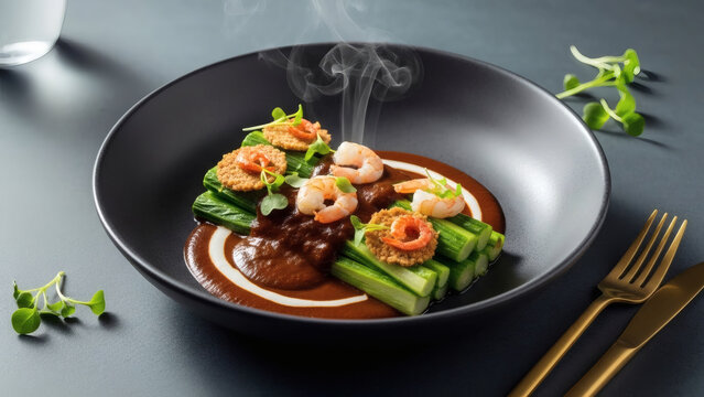 Elegant Romeritos Plating: Stacked Green Rolls topped with Shrimp and Fritters, resting in a rich swirl of Mole sauce, presented in a minimalist black matte bowl with gold cutlery, suitable for luxury