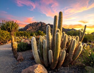 Desert landscape featuring cacti and mountains silhouetted at sunset with pink sky