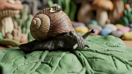 Snail's Journey on Clay Leaf A whimsical clay figurine with a dazzling gem, amid a magical, earthy landscape