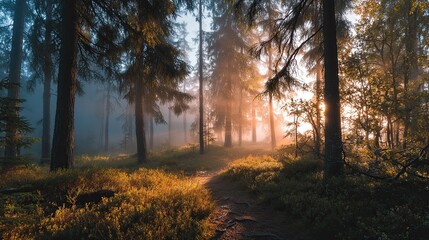 Fototapeta premium Golden Rays Shining Through Misty Trees