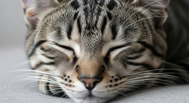 Close up serene tabby cat sleeping peaceful portrait