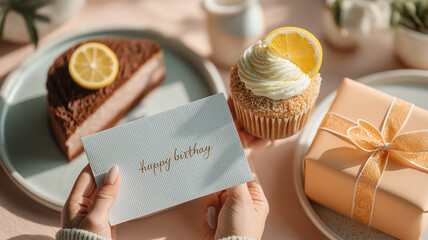 A cozy birthday scene with a lemon-topped cupcake, a handwritten birthday card, a wrapped gift, and a slice of cake, captured in warm, soft natural light.