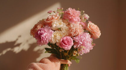 A soft, elegant bouquet of pink and peach flowers held gently in warm sunlight, showcasing delicate petals, natural textures, and a calm, romantic mood.