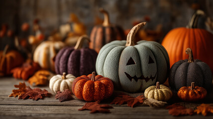 A festive Halloween display featuring textured pumpkins in rich autumn colors, glowing jack-o&rsquo;-lantern details, and scattered fall leaves on rustic wooden surface.