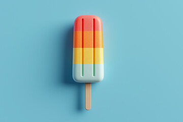 A vibrant multicolored popsicle with textured layers of red, orange, yellow, and blue rests on a pastel blue background, creating a playful and refreshing summer vibe.
