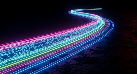 Abstract neon light trails on black background for digital information transfer