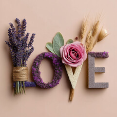 A creative floral &ldquo;LOVE&rdquo; arrangement crafted with lavender, dried wheat, textured letters, and a pink rose, forming a romantic and elegant decorative design.
