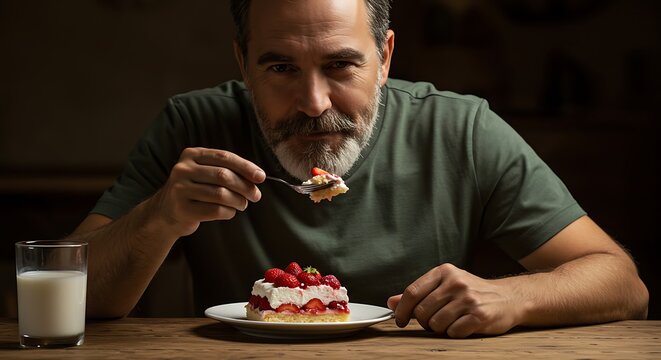 Man with beard and cake looks at camera, holding spoon, glass of milk nearby