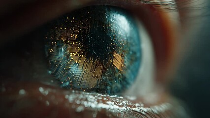 Macro shot of a human eye reflecting a futuristic cityscape, symbolizing technology and vision. - Powered by Adobe