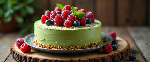 An elegant matcha cake, beautifully adorned with fresh berries and set against a rustic wooden table, with ample copy space available for marketing text and ideas.