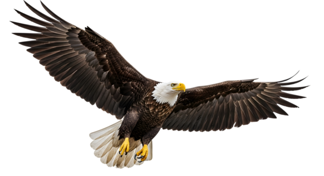 Majestic bald eagle in flight with wings spread isolated on transparent background