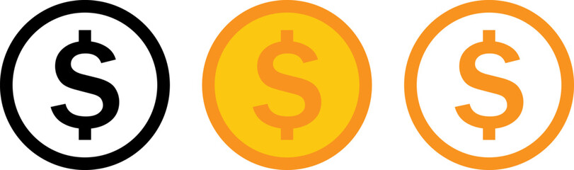 Three stylized dollar coins in black gold and orange hues