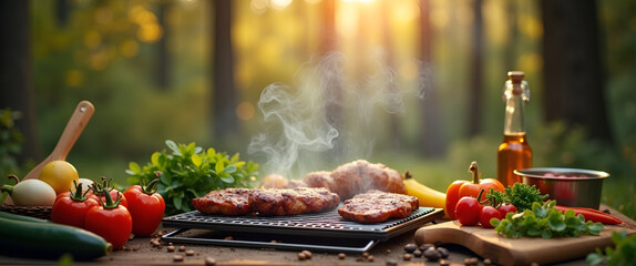 A captivating scene featuring an outdoor barbecue setup amidst nature, highlighting the grill surrounded by ready-to-cook ingredients, designed with an open area for text overlay.
