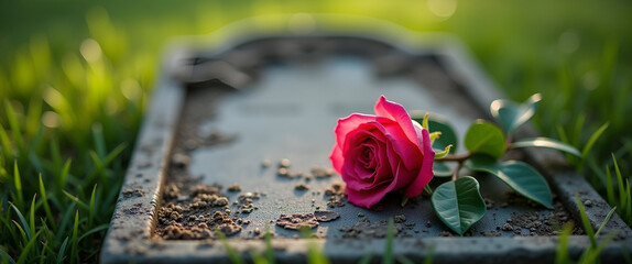 A delicate remembrance rose rests on a weathered gravestone, surrounded by lush green grass, exuding a sense of love and memory with ample space for accompanying text.