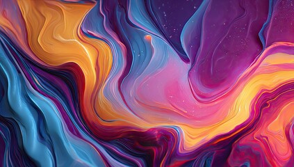 Swirling abstract art blends brilliant hues, resembling vibrant ribbons in motion, vivid color palette