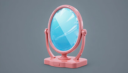 Charming pink vanity mirror reflecting a clear blue surface, a delightful accent for beauty and style, perfect for cosmetic product mockups and elegant interior design themes