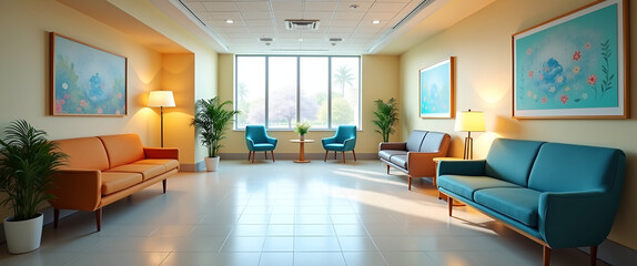 A spacious maternity hospital waiting area featuring comfortable seating, cheerful colors, and welcoming decor, providing ample copy space for announcements.