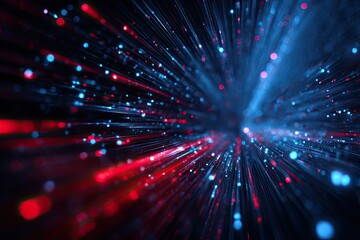 Abstract rendering of colored particles speeding away and converging, with a dark background