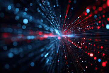 Abstract digital design with bokeh effect and glowing red and blue light trails in dark space