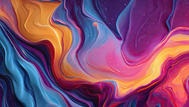 Swirling abstract art blends brilliant hues, resembling vibrant ribbons in motion, vivid color palette - Powered by Adobe