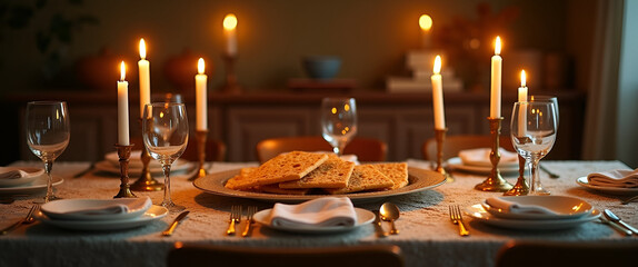 A beautifully arranged Passover dinner table adorned with traditional Seder plate, matzah, and candlelight, capturing the essence of heritage with ample copy space.