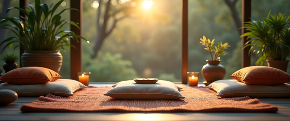 An enchanting scene of a meditation setup with inviting cushions, soft lighting, and nature elements positioned to promote mindfulness and self-reflection amidst peaceful surroundings.