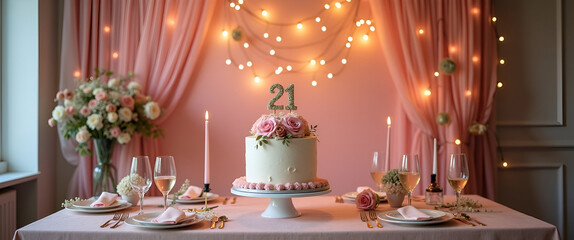 A chic 21st birthday celebration featuring a classy backdrop, complete with elegant decor and a stylish birthday cake, allowing for copy space for branding.