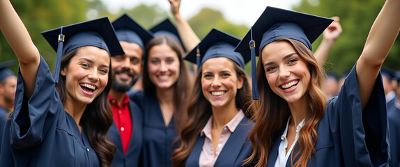 A diverse group of graduates joyously celebrating their achievements at graduation, featuring vibrant colors and great composition with ample copy space.