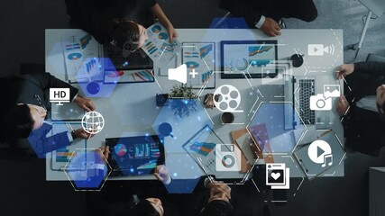 Multimedia technology with video, audio, photo and streaming icons representing digital media, communication and online platforms in a modern multimedia world. Funnel - Powered by Adobe