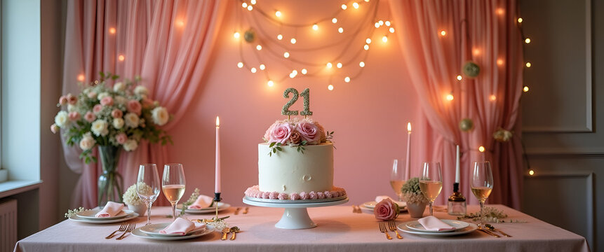 A chic 21st birthday celebration featuring a classy backdrop, complete with elegant decor and a stylish birthday cake, allowing for copy space for branding.