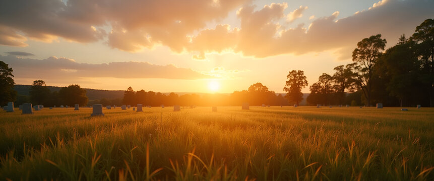 A contemplative view of a wide open field adjacent to a cemetery at sunset, inviting thoughts of remembrance and providing ample copy space for heartfelt submissions.