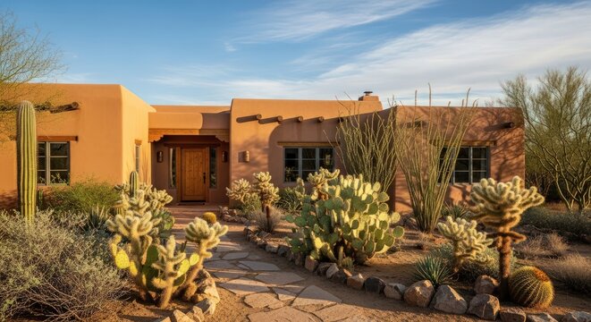 Desert home with stucco design and xeriscape garden - Powered by Adobe